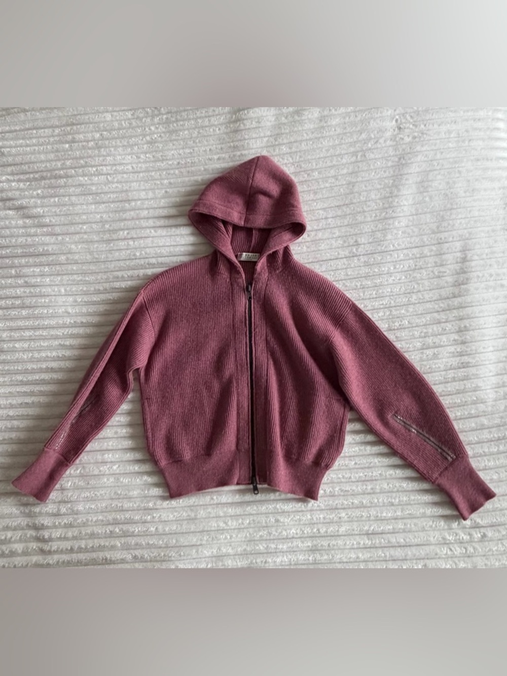 Brunello Cucinelli Kids Cashmere Mauve Zip-Up Hooded Knit Sweater